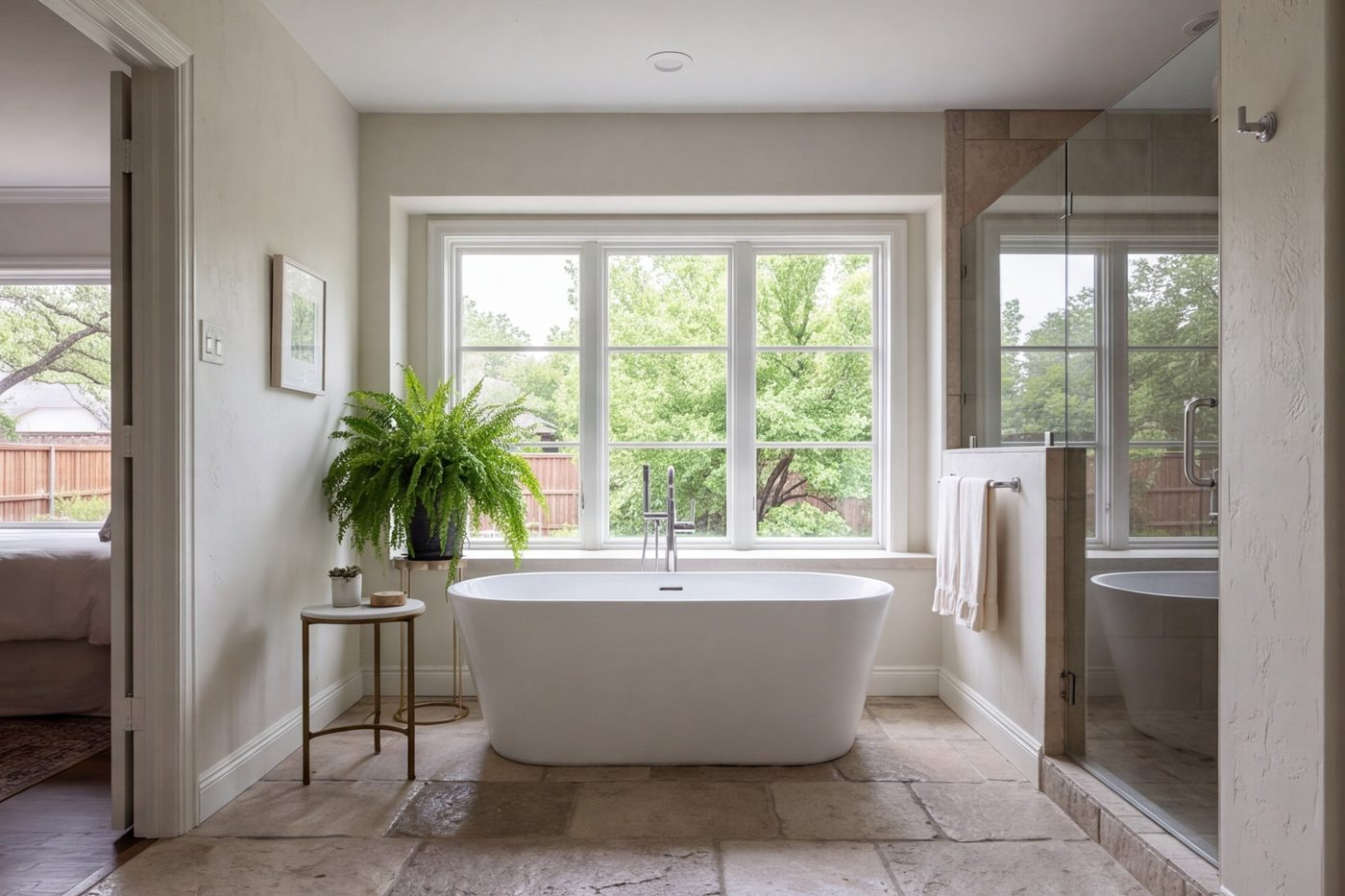 Bathroom with a freestanding soaking tub beneath a wide window and stone floor