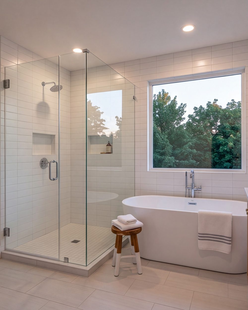 Finished bathroom swept clean, walk-in shower and tub in evening light